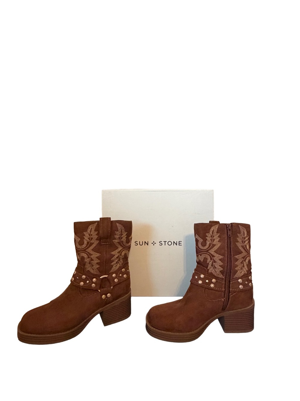 Sun + Stone Brown Suede Embroidered zip Up Western Boots